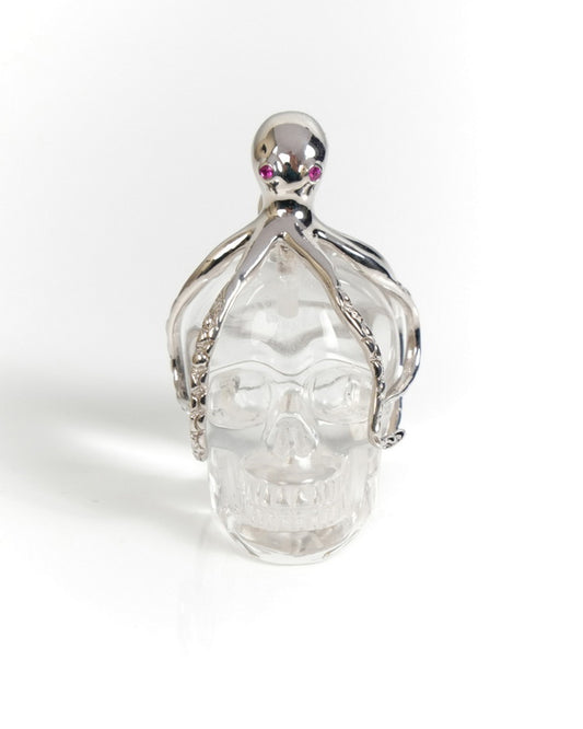 Embrace of the Abyssal Octopus - Gem Skull Pendant Necklace of Quartz Rock Crystal Carved Skull with Ruby Eyes Octopus in 925 Sterling Silver - ZR19900058