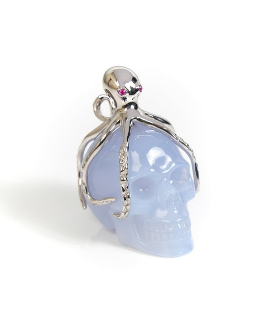 Embrace of the Abyssal Octopus - Gem Skull Pendant Necklace of Blue Chalcedony Carved Skull with Ruby Eyes Octopus in 925 Sterling Silver - ZR19900059