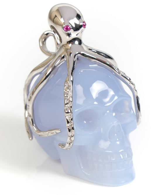 Embrace of the Abyssal Octopus - Gem Skull Pendant Necklace of Blue Chalcedony Carved Skull with Ruby Eyes Octopus in 925 Sterling Silver - ZR19900059