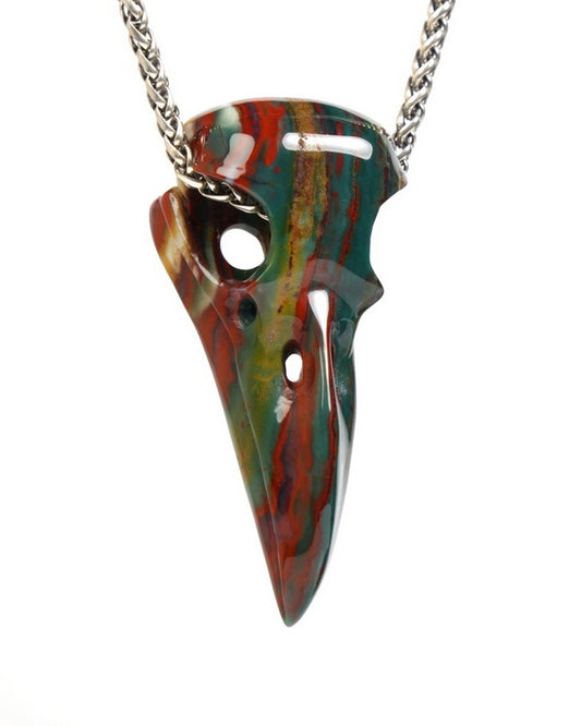 Night Pathfinder - Gem Raven Skull Pendant Necklace of Bloodstone Carved Raven Skull - ZR19900060
