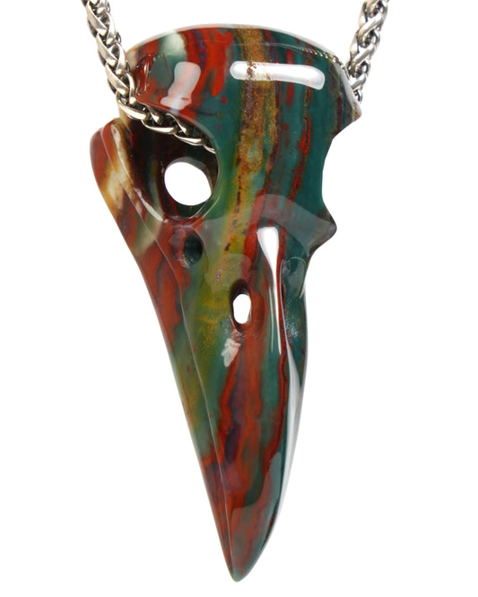 Night Pathfinder - Gem Raven Skull Pendant Necklace of Bloodstone Carved Raven Skull - ZR19900060