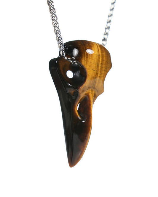 Night Pathfinder - Gem Raven Skull Pendant Necklace of Gold Tiger's Eye Carved Raven Skull - ZR19900061