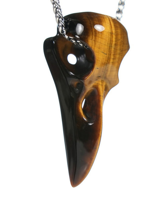 Night Pathfinder - Gem Raven Skull Pendant Necklace of Gold Tiger's Eye Carved Raven Skull - ZR19900061
