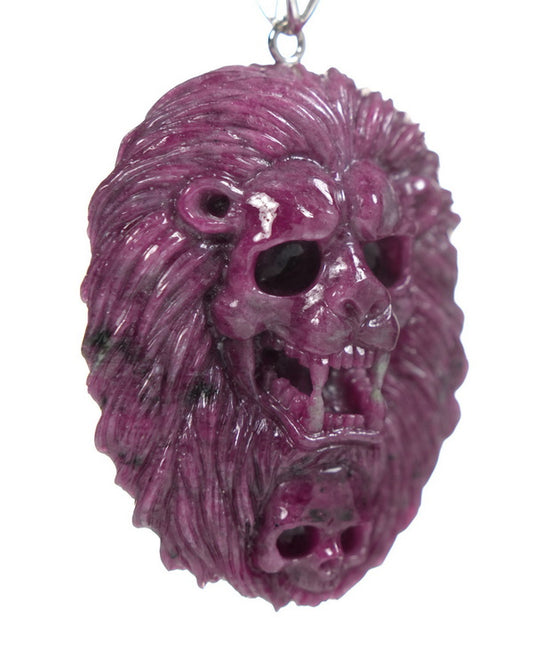 Gem Pendant Necklace of Ruby Carved Lion with Bail in 925 Sterling Silver - R19900062