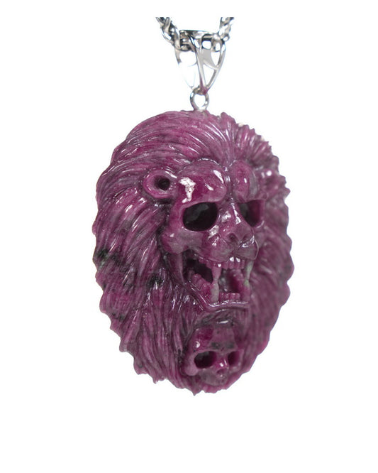 Gem Pendant Necklace of Ruby Carved Lion with Bail in 925 Sterling Silver - R19900062