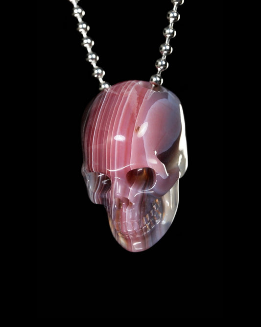 Gem Skull Pendant Necklace of Mozambique Agate Carved Hollow Skull with 925 Silver Chain - 9900091