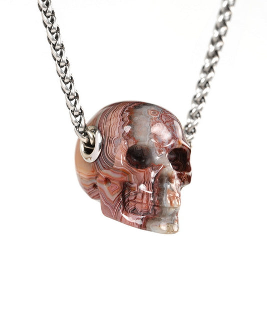 Skullis Signature Red Crazy Lace Agate Gem Skull Pendant or Necklace, Hand Carved, for Women & Men - 9900138