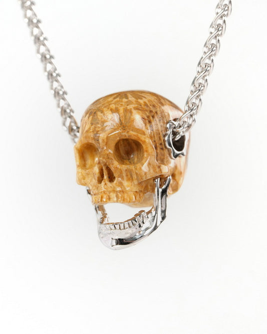 Gem Skull Pendant Necklace of Coral Fossil Hand Carved Skull with Movable Jaw in 925 Sterling Silver - ZR19900141