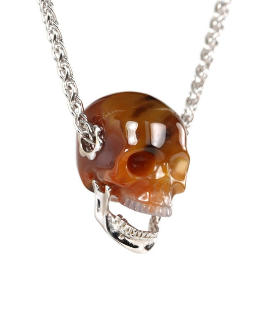 Gem Skull Pendant Necklace of Agate Hand Carved Skull with Movable Jaw in 925 Sterling Silver - ZR19900142