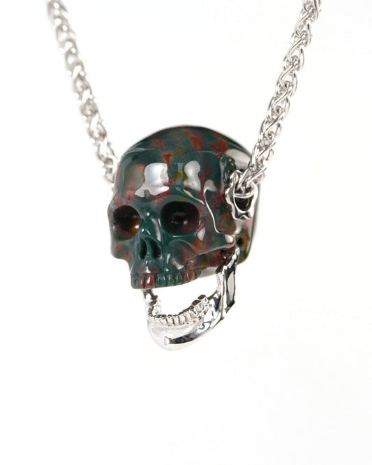 Gem Skull Pendant Necklace of Bloodstone Hand Carved Skull with Movable Jaw in 925 Sterling Silver - ZR19900144