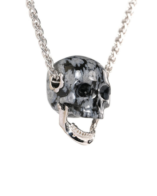 Gem Skull Pendant Necklace of Snowflake Obsidian Hand Carved Skull with Movable Jaw in 925 Sterling Silver - ZR19900146