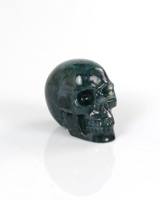 1.3" Green Moss Agate Carved Gem Skull, Skullis Realistic - 9900147