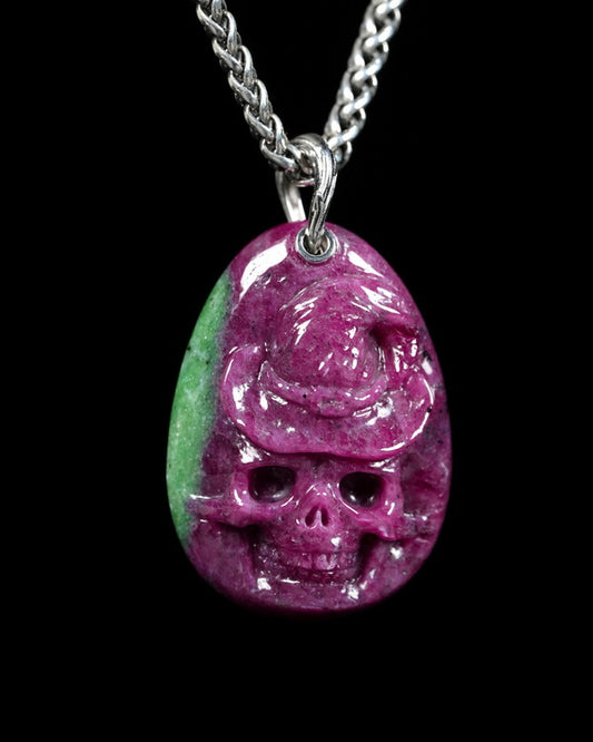 Skullis Ruby Zoisite Gem Witch Hat Skull Pendant or Necklace, Hand Carved, for Women & Men - ZR19900148