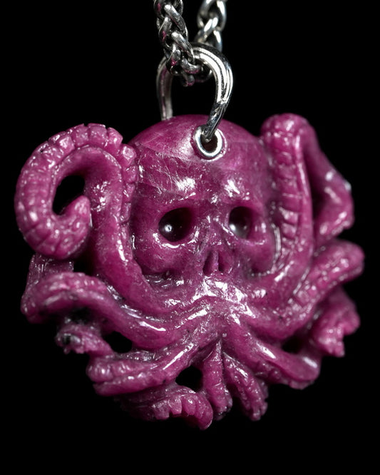 Skullis Ruby Gem Octopus Skull Pendant or Necklace, Hand Carved, for Women & Men - ZR19900149