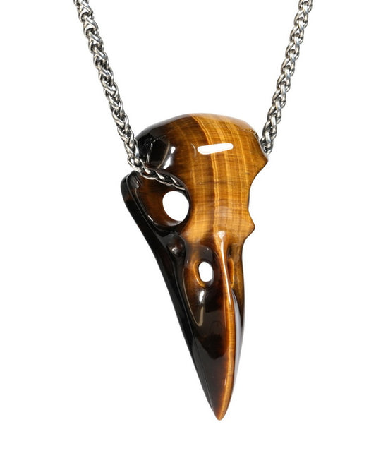 Night Pathfinder - Gem Raven Skull Pendant Necklace of Gold Tiger's Eye Carved Raven Skull - ZR19900153