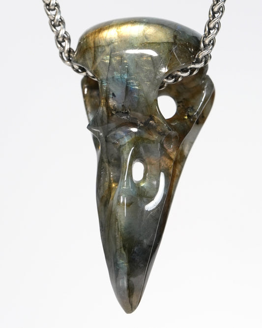 Night Pathfinder - Gem Raven Skull Pendant Necklace of Labradorite Carved Raven Skull - ZR19900155