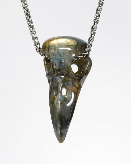Night Pathfinder - Gem Raven Skull Pendant Necklace of Labradorite Carved Raven Skull - ZR19900155