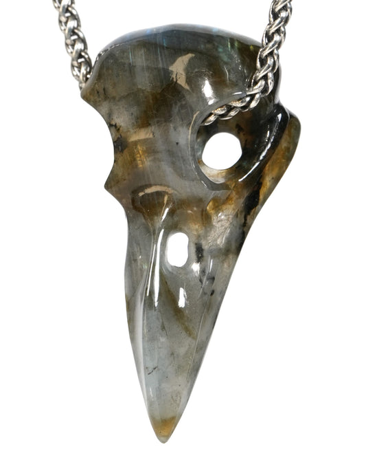 Night Pathfinder - Gem Raven Skull Pendant Necklace of Labradorite Carved Raven Skull - ZR19900156