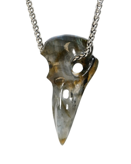 Night Pathfinder - Gem Raven Skull Pendant Necklace of Labradorite Carved Raven Skull - ZR19900156