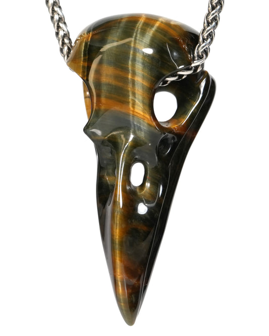 Flash Gem Raven Skull Pendant Necklace of Blue & Gold Tiger's Eye Crystal Raven Pendant - ZR19900157