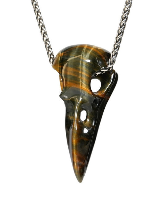 Flash Gem Raven Skull Pendant Necklace of Blue & Gold Tiger's Eye Crystal Raven Pendant - ZR19900157