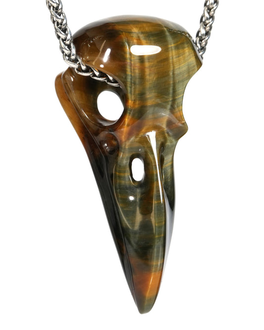 Night Pathfinder - Flash Gem Raven Skull Pendant Necklace of Blue & Gold Tiger's Eye Crystal Raven Pendant - ZR19900158