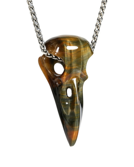 Night Pathfinder - Flash Gem Raven Skull Pendant Necklace of Blue & Gold Tiger's Eye Crystal Raven Pendant - ZR19900158