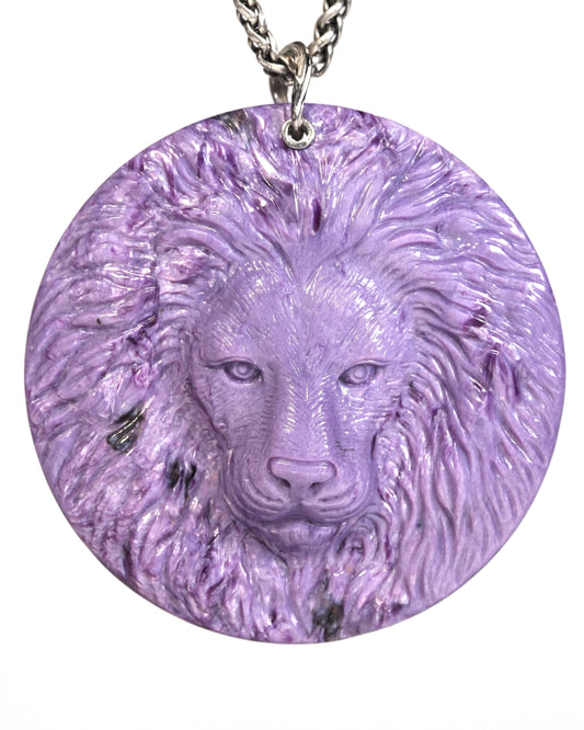 Gem Pendant Necklace of Russian Charoite Carved Lion with Bail in 925 Sterling Silver - T9900161