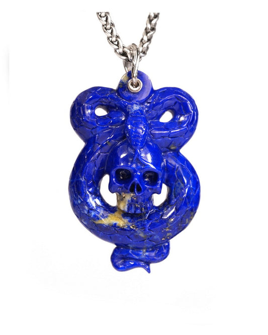 Gem Snake Skull Pendant Necklace of Lapis Lazuli Crystal Snake Pendant with Bail in 925 Sterling Silver - T9900165