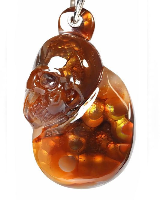 Skullis Fire Opal Gem Skull Pendant or Necklace, Hand Carved for Women & Men - ZR19900166