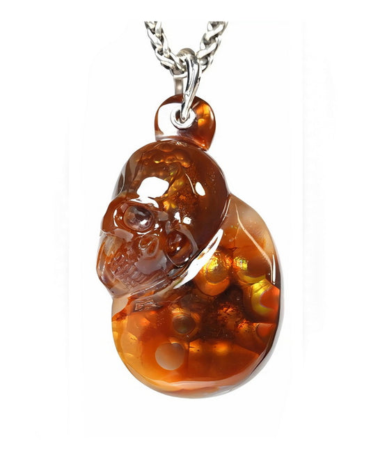 Skullis Fire Opal Gem Skull Pendant or Necklace, Hand Carved for Women & Men - ZR19900166