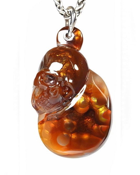 Skullis Fire Agate Gem Skull Pendant or Necklace, Hand Carved for Women & Men - ZR19900166