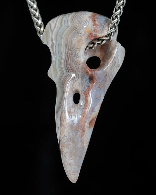 Gem Raven Skull Pendant Necklace of Red Crazy Lace Agate Carved Raven Skull - ZR19900169
