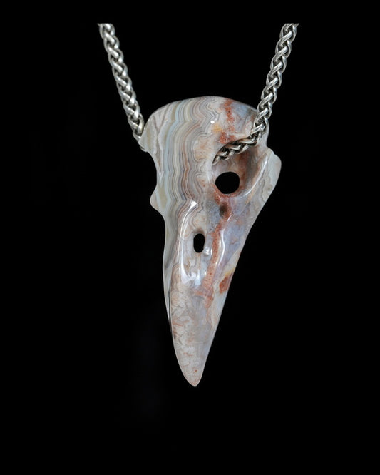 Night Pathfinder - Gem Raven Skull Pendant Necklace of Red Crazy Lace Agate Carved Raven Skull - ZR19900169