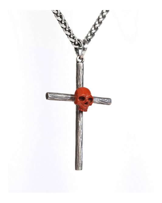 Gem Skull Cross Pendant Necklace of Red Jasper Carved Skull with 925 Sterling Silver- ZR19900173
