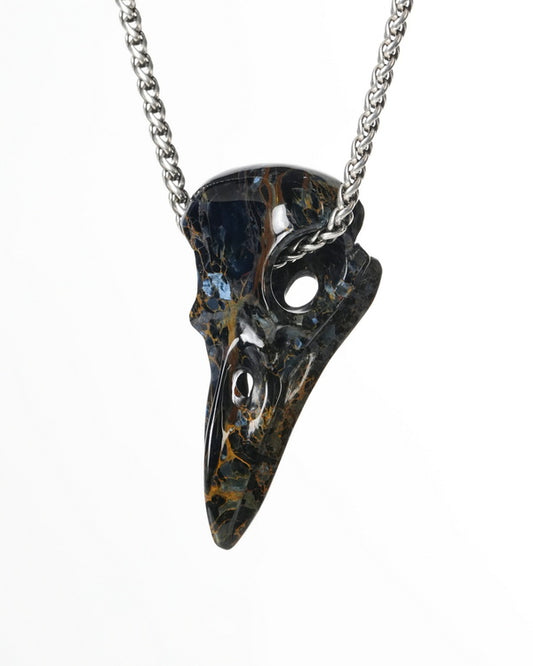 Night Pathfinder - Gem Raven Skull Pendant Necklace of Pietersite Carved Raven Skull - ZR19900183