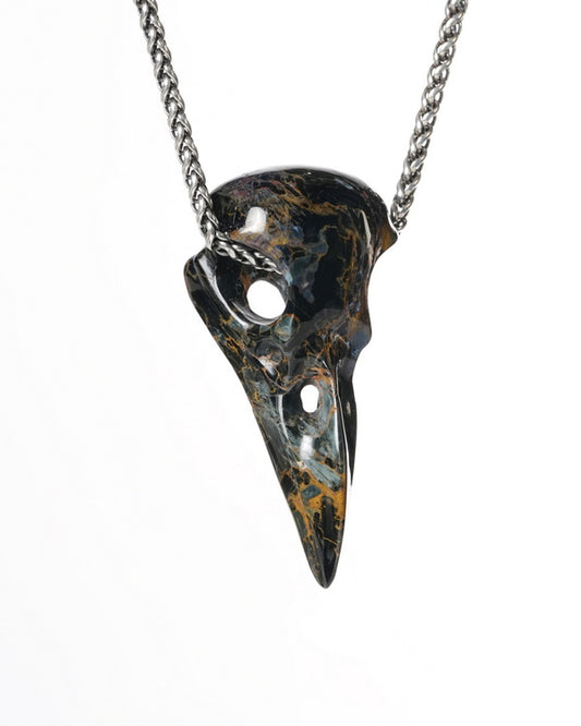 Night Pathfinder - Gem Raven Skull Pendant Necklace of Pietersite Carved Raven Skull - ZR19900184