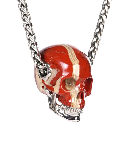 Gem Skull Pendant Necklace of Red Jasper Carved Skull with Detachable Silver Jaw in 925 Sterling Silver - ZR19900190