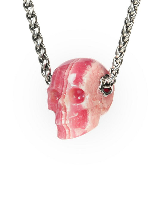 Skullis Signature Rhodochrosite Gem Skull Pendant or Necklace, Hand Carved, for Women & Men - ZR19900191