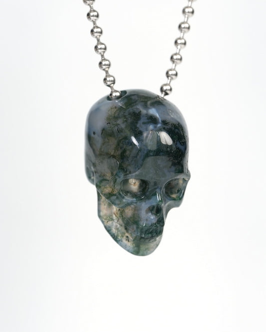 Hollow Essence - Gem Skull Pendant Necklace of Green Moss Agate Carved Hollow Skull - 9900212