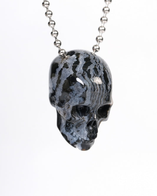Hollow Essence - Gem Skull Pendant Necklace of Black Zebra Agate Carved Hollow Skull - 9900213