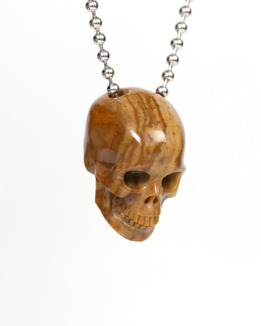 Hollow Essence - Gem Skull Pendant Necklace of Petrified Wood Carved Hollow Skull - 9900214