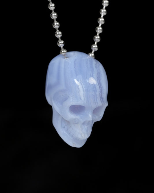 Hollow Essence - Gem Skull Pendant Necklace of Blue Lace Agate Carved Hollow Skull - 9900215