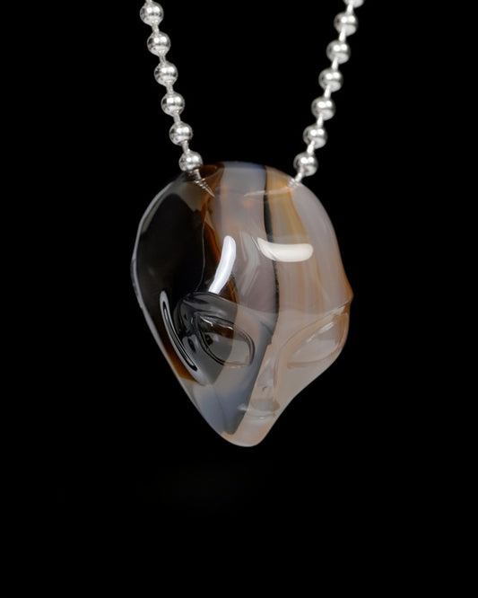 Hollow Essence - Gem Skull Pendant Necklace of Premium Brazilian Agate Carved Hollow Alien - 9900221