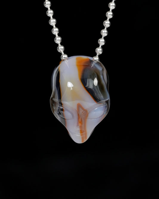 Hollow Essence - Gem Skull Pendant Necklace of Premium Brazilian Agate Carved Hollow Alien - 9900222