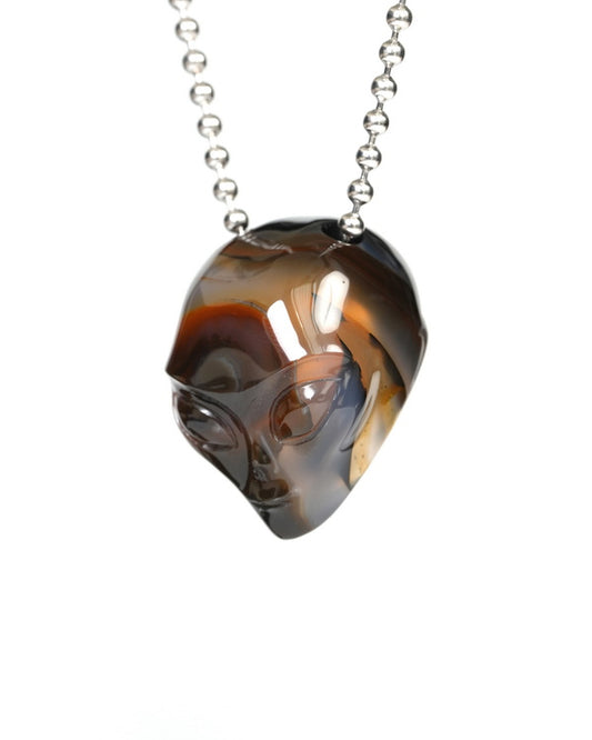 Hollow Essence - Gem Skull Pendant Necklace of Premium Brazilian Agate Carved Hollow Alien - 9900255