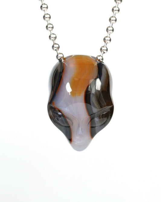 Hollow Essence - Gem Skull Pendant Necklace of Premium Brazilian Agate Carved Hollow Alien - 9900256
