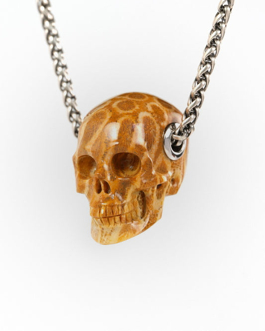Skullis Signature Coral Fossil Gem Skull Pendant or Necklace, Hand Carved, for Women & Men - ZR19900260