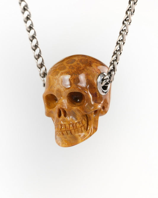 Skullis Signature Coral Fossil Gem Skull Pendant or Necklace, Hand Carved, for Women & Men - ZR19900262