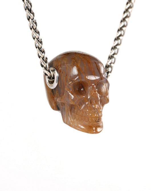 Skullis Signature Sagenitic Agate Gem Skull Pendant or Necklace, Hand Carved, for Women & Men - 9900263